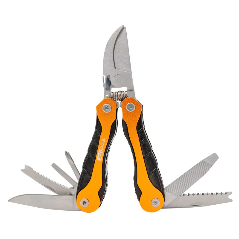 AccuSharp Sportsmans Multi-Tool with orange and black handle, showing pruners, saw, knife, and various screwdrivers laid out.