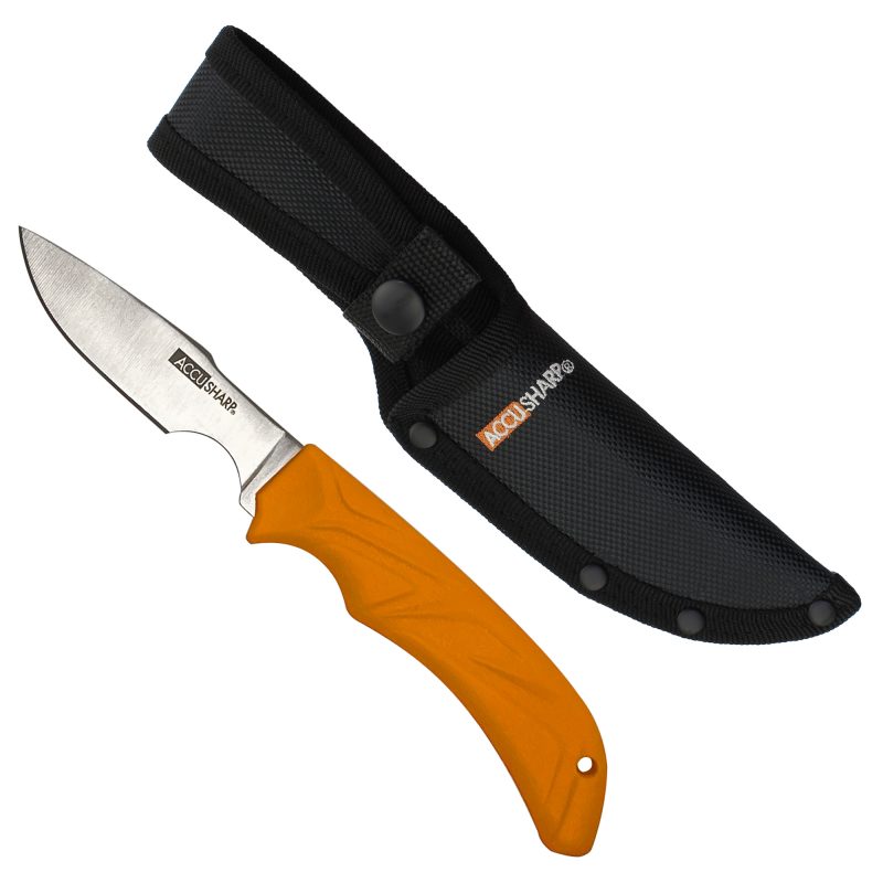 AccuSharp Caping Knife with a bright orange rubber grip handle and a 3.5-inch stainless steel fixed blade, shown with its black nylon sheath.