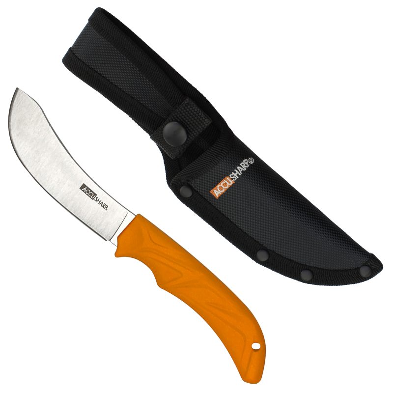 AccuSharp Butcher Knife with a 4-inch stainless steel blade, orange rubber grip handle, and black nylon sheath with belt loop, displayed on a rustic background.