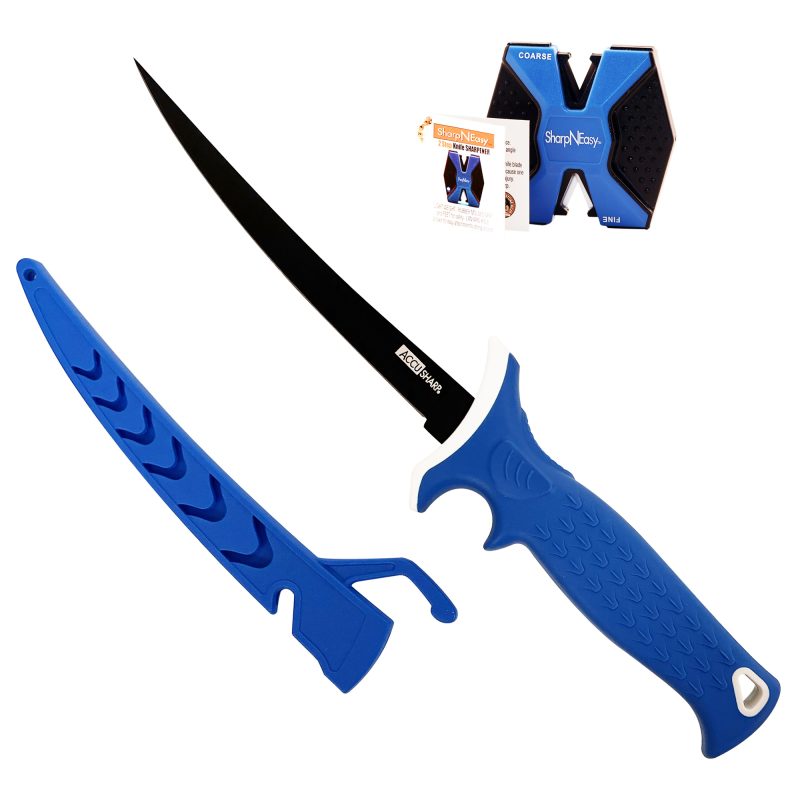 AccuSharp 6.5 inch fillet knife with blue non-slip handle, stainless steel blade, protective sheath, and included ceramic knife sharpener on a rustic background.