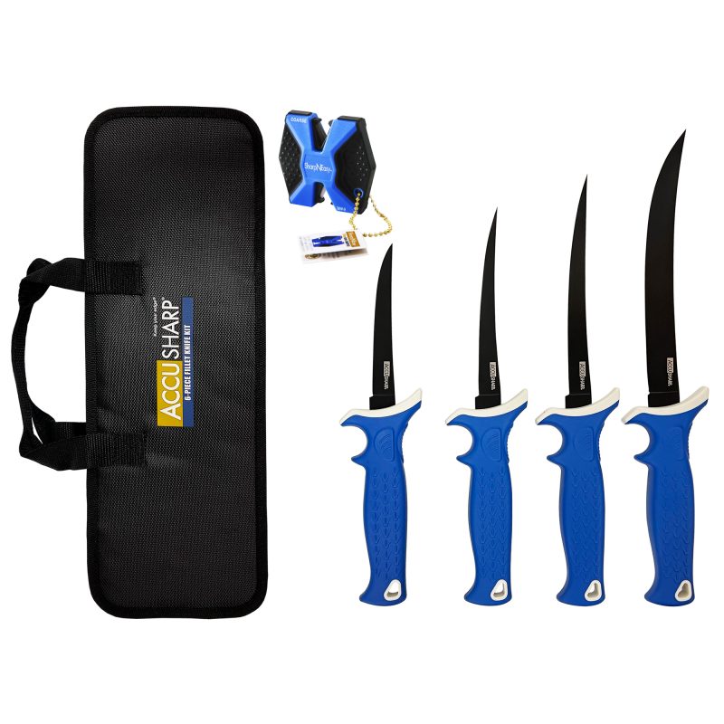 AccuSharp 6-piece knife and sharpener kit with four fixed-blade knives, blue non-slip handles, and a black nylon carry case, displayed on a rugged surface.