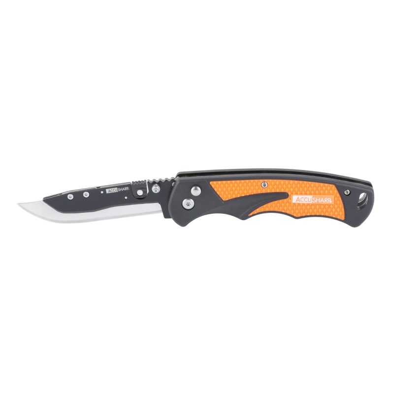 AccuSharp 3.5 inch orange and black folding razor knife with a replaceable plain edge blade, shown open on a rugged surface.