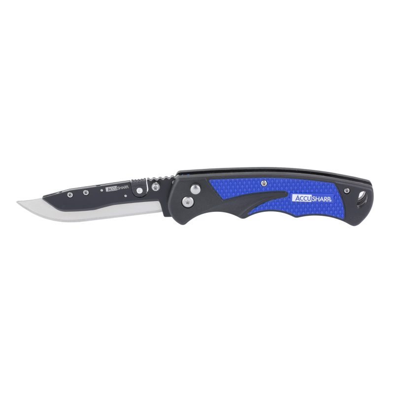 AccuSharp 3.5 inch folding razor knife with black and blue handle, showing the replaceable plain edge 420 stainless steel blade extended.