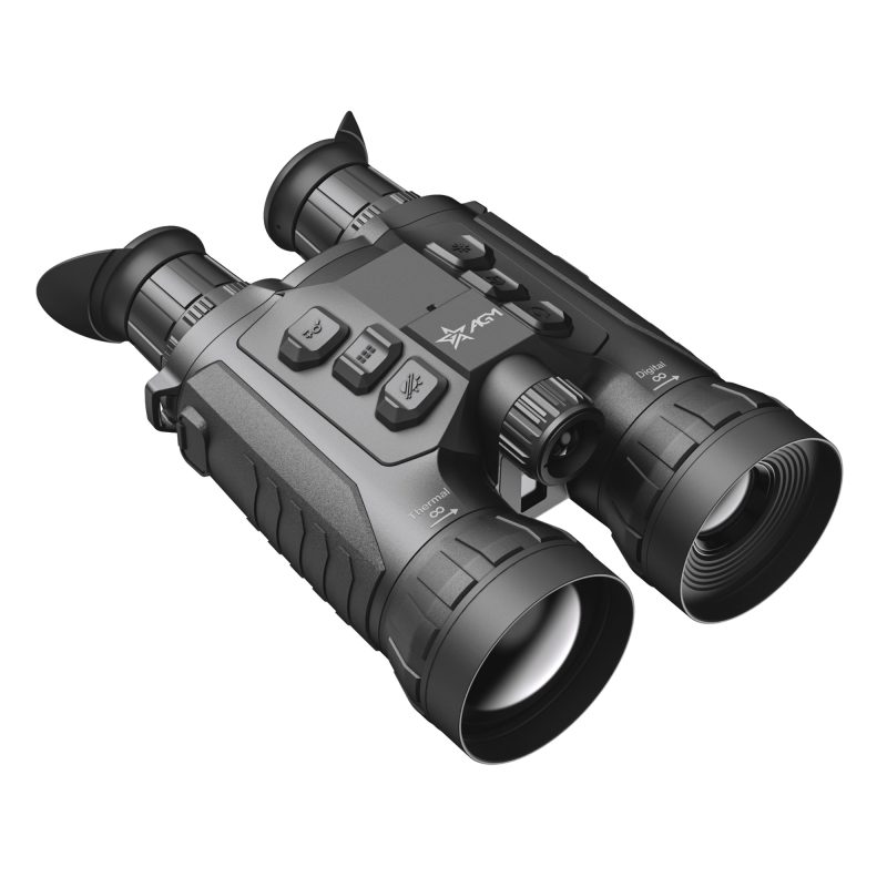 AGM Global Vision ObservIR LRF thermal imaging binoculars, black, showing objective lenses, eyepiece, and control buttons on top.