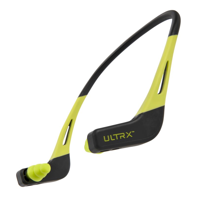 A pair of Allen Company Ultrx Wave Banded Earplugs, gray band with neon yellow ear tips, shown ready for use.