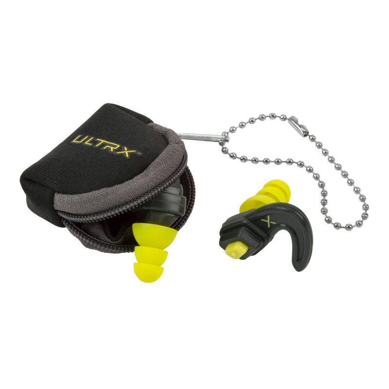 Allen Company ULTRX Shift Adjust Ear Plugs in gray and neon yellow, shown with a black carrying pouch.