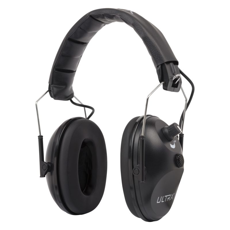 Black Allen Company ULTRX E-Muff electronic earmuffs with a single high-frequency microphone, shown ready for use.