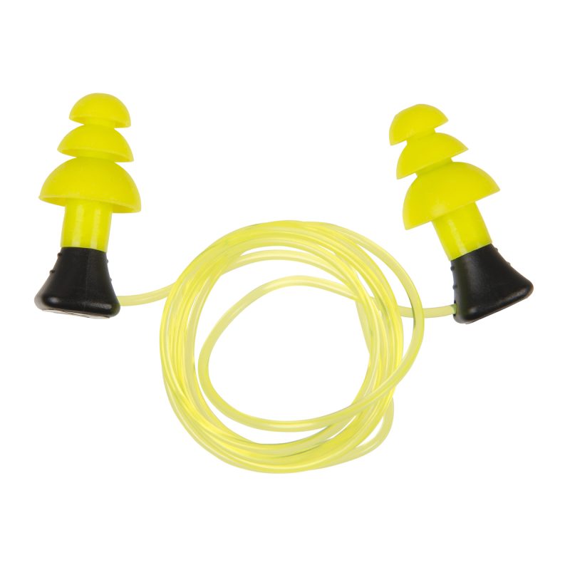 Three pairs of yellow Allen Company Ultrx tethered silicone ear plugs with a black cord, shown in their packaging.