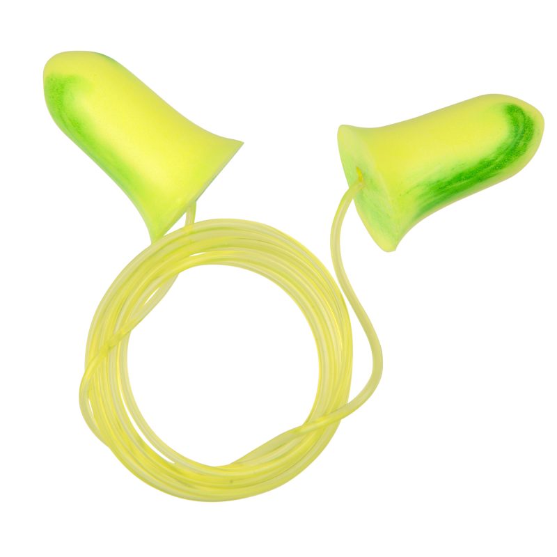 Five pairs of yellow Allen Company Ultrx tethered tapered foam earplugs, NRR 32dB, shown in packaging.