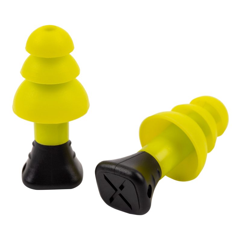 Five pairs of bright yellow Allen Company ULTRX silicone ear plugs with a noise reduction rating of 26dB, shown in their packaging.