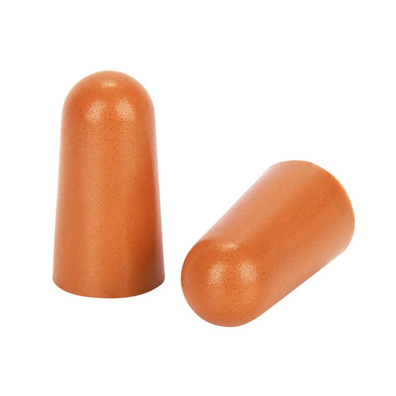 Fifty pairs of bright orange Allen Company ULTRX foam earplugs in a clear plastic container, designed for hearing protection during loud activities.