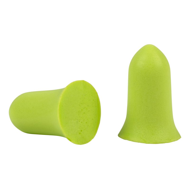 Six pairs of bright lime green Allen Company Ultrx tapered foam earplugs, NRR 32dB, shown in their packaging.