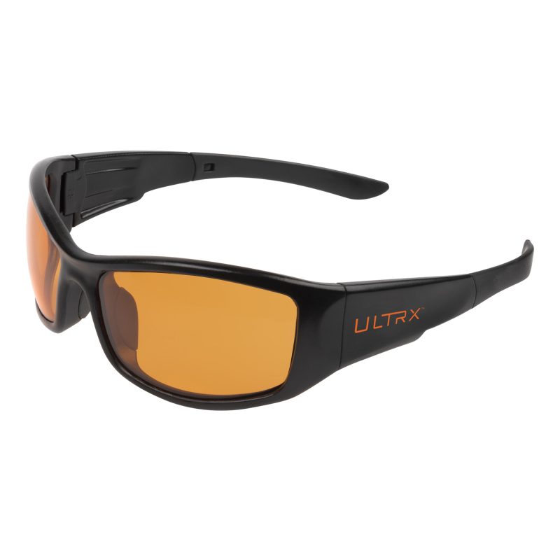 Allen Company Ultrx Sync Safety Glasses with black frame and amber lenses, suitable for ranch work and outdoor tasks in the White Mountains of Arizona.