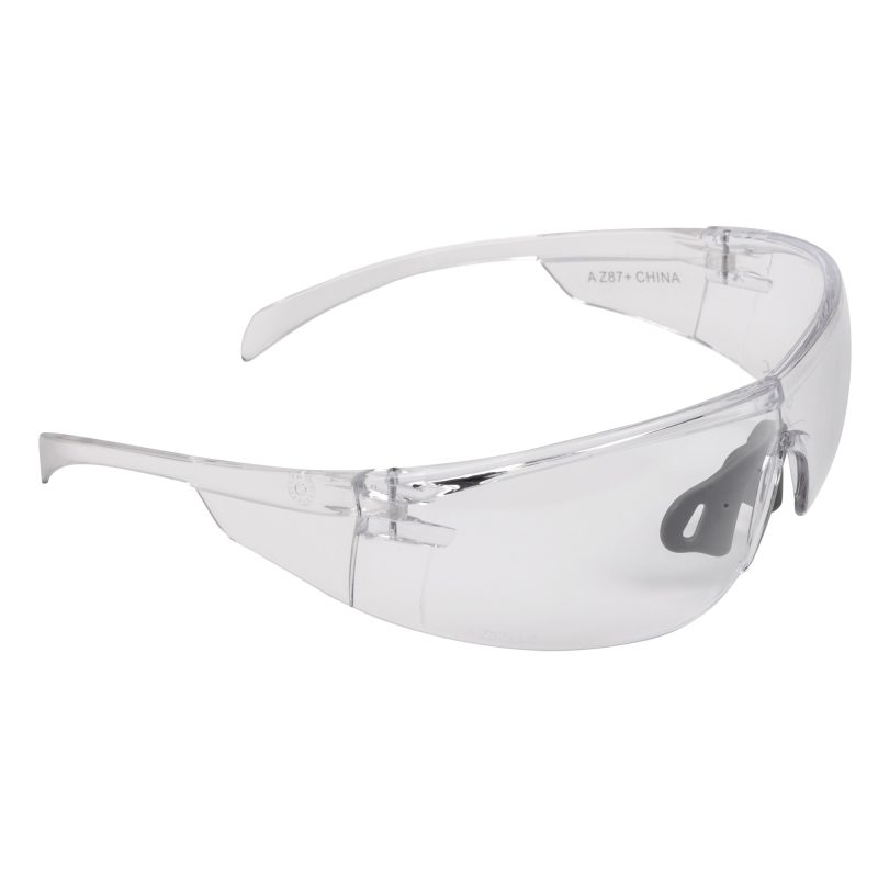 A pair of Allen Company ULTRX Protector Safety Glasses with clear lenses and a clear full-wrap frame, shown against a rugged outdoor background.