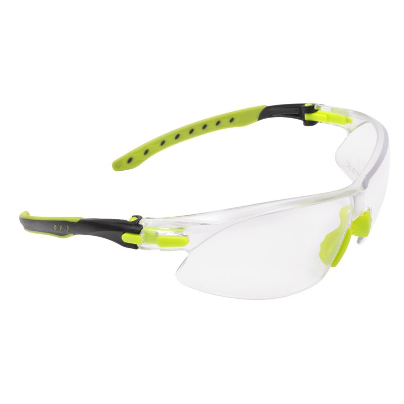 Allen Company ULTRX Keen Safety Glasses Compact with black and lime green frame and clear anti-fog, anti-scratch lenses.