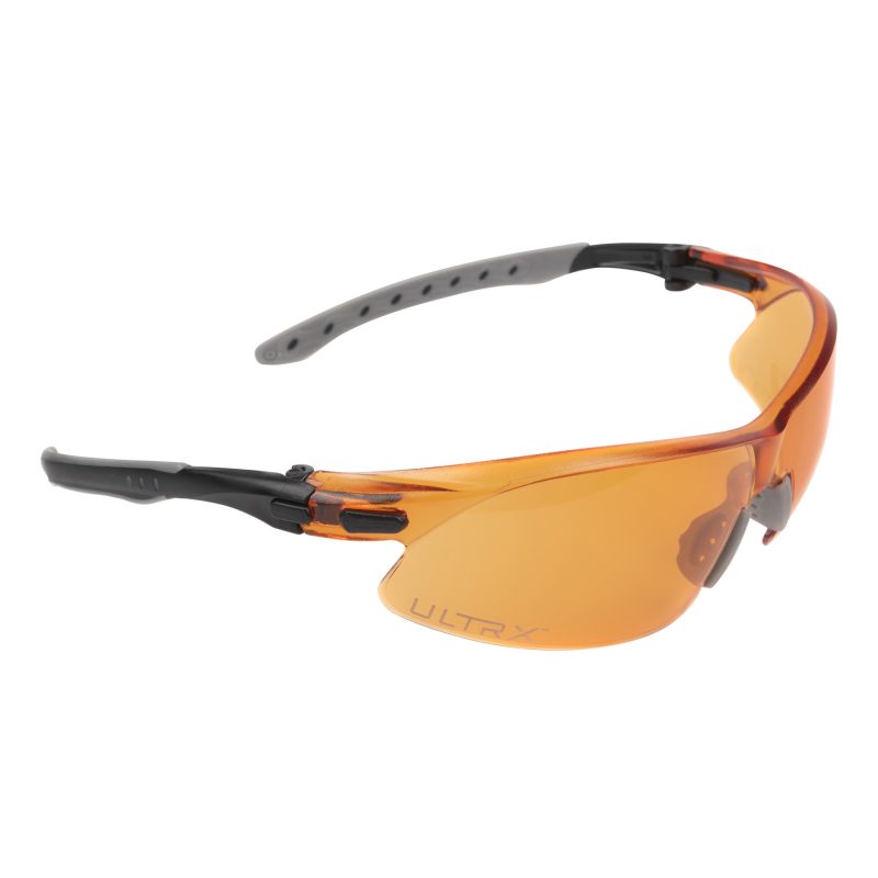 Allen Company Ultrx Keen Safety Glasses with amber lenses and black frames, shown on a white background.