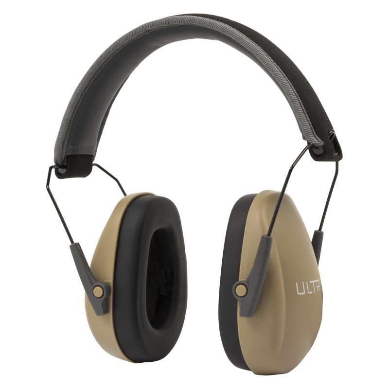 Taupe Allen Company Ultrx Slim Profile Muff ear protection, shown from the side, with padded earcups and a durable headband.