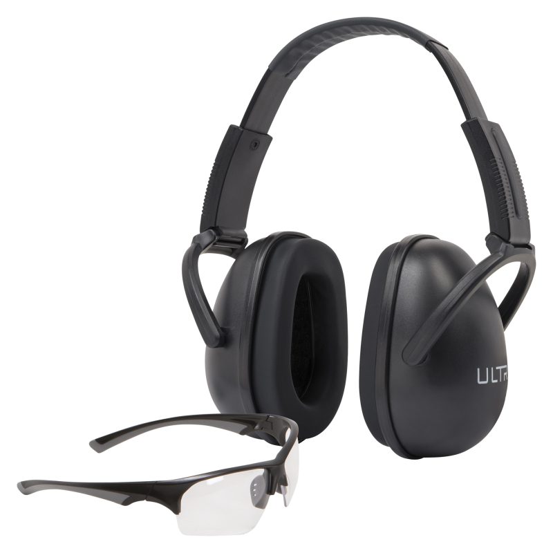 Allen Company Ultrx Blocker Ear/Eye Combo with black earmuffs and clear safety glasses, displayed on a rugged surface.