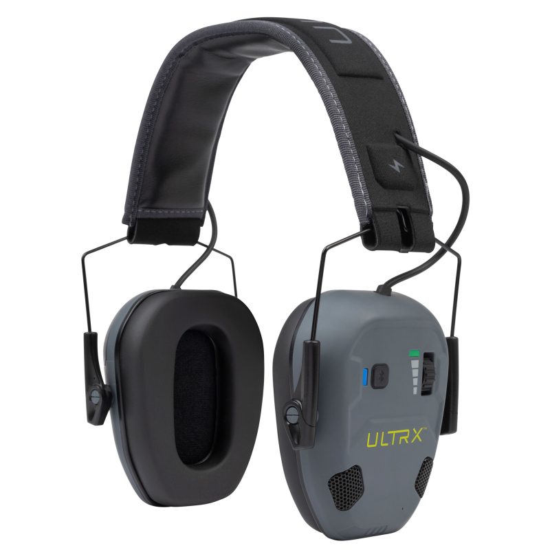 Pair of slate gray Allen Company Ultrx Fuse Ion Bluetooth electronic earmuffs with foam-padded ear cups and visible controls.