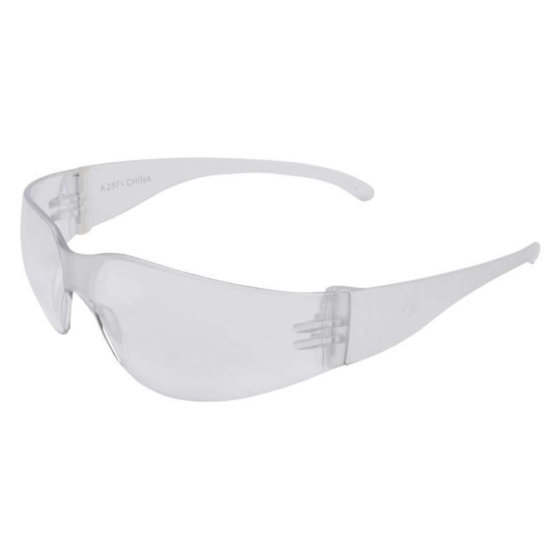 A pair of clear Allen Company ULTRX Cinder safety glasses with a full wrap frame, designed for eye protection during work.