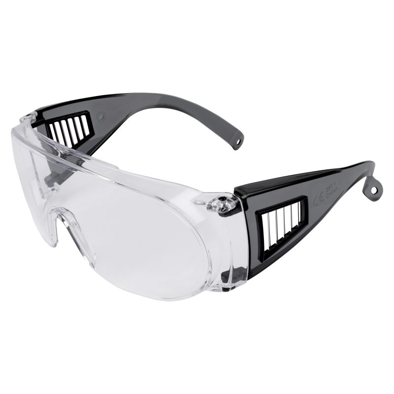 Clear Allen Company ULTRX Fit Over Safety Glasses, designed to be worn over prescription eyewear, shown against a neutral background.