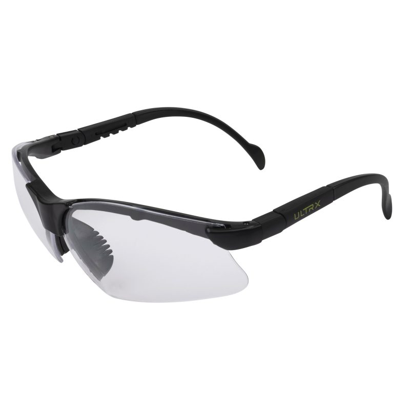 Pair of Allen Company ULTRX Verse clear safety glasses with black frames, designed for eye protection during ranch work or outdoor tasks.