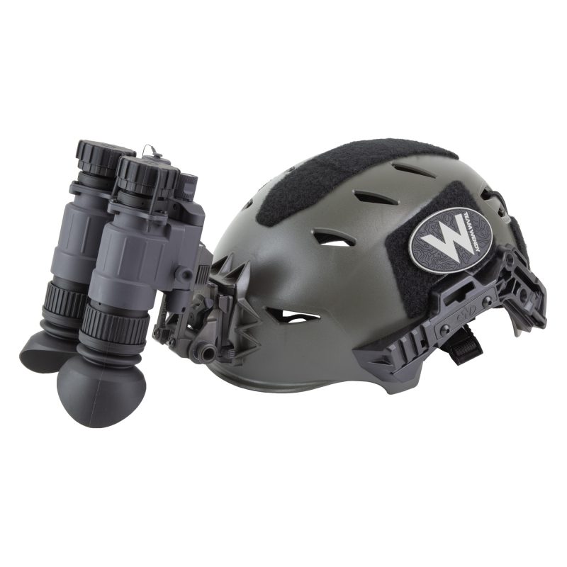 Armasight BNVD-40 Gen 3 White Phosphor Night Vision Binocular Kit with helmet and mount, gray finish, designed for low-light ranch operations in the White Mountains.