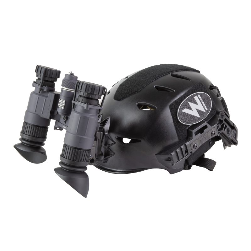 Armasight BNVD-40 Gen 3 white phosphor night vision binocular kit with included Team Wendy bump helmet, G95 mount, and battery pack, shown ready for use.
