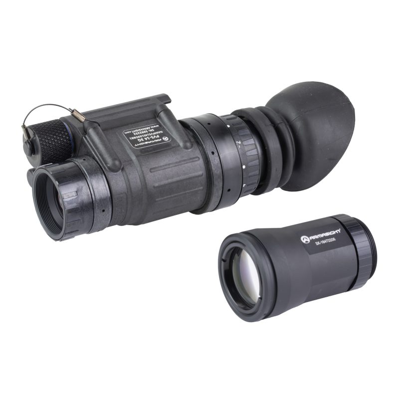 Armasight PVS-14 Gen 3 night vision monocular with 3x magnifier lens, J-arm mount, and skullcrusher head mount assembly, shown in matte black finish.