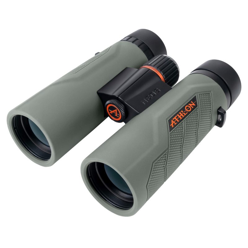 ATHLON Neos G2 10X42 HD Binoculars, black, shown with lens caps, ideal for outdoor use in the White Mountains of Arizona.