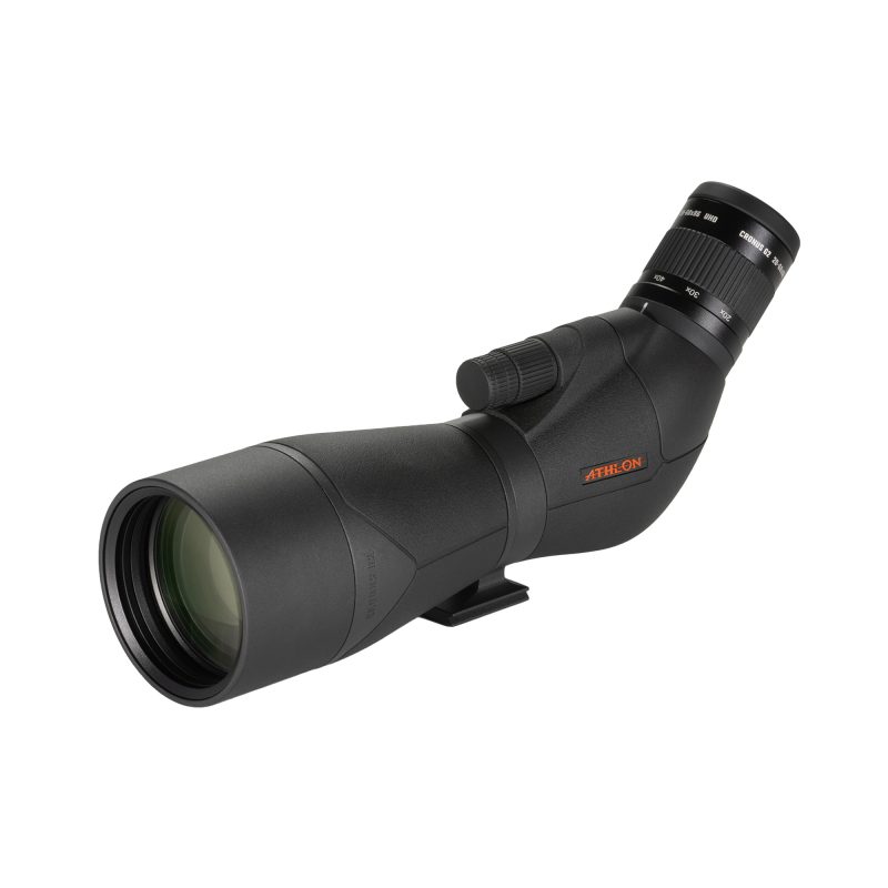 Black ATHLON Cronus G2 20-60X86 UHD Spotting Scope with 45-degree eyepiece, shown angled on a tripod mount.