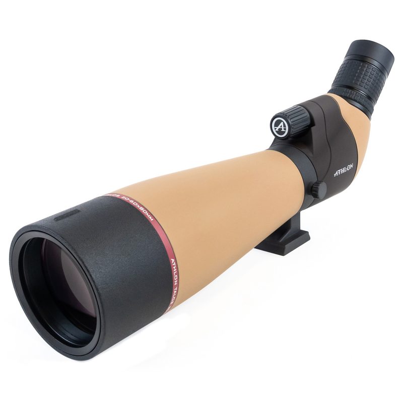 Tan ATHLON Talos 20-60X80 spotting scope with an 80mm objective lens, tripod mount, and angled eyepiece, set against an outdoor background.