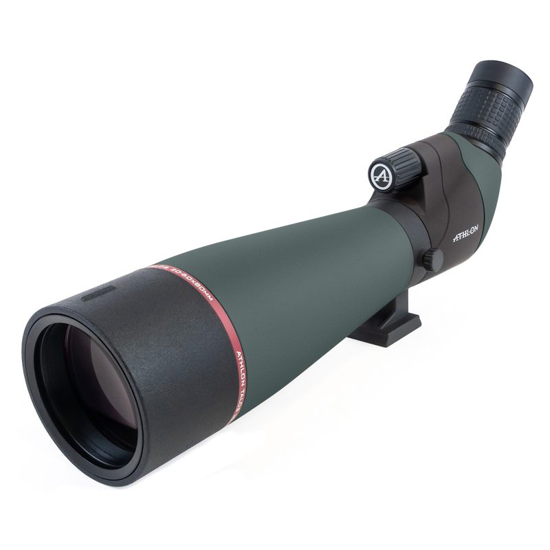 Green ATHLON Talos 20-60X80 Spotting Scope with 80mm objective lens, angled eyepiece, and tripod mount.