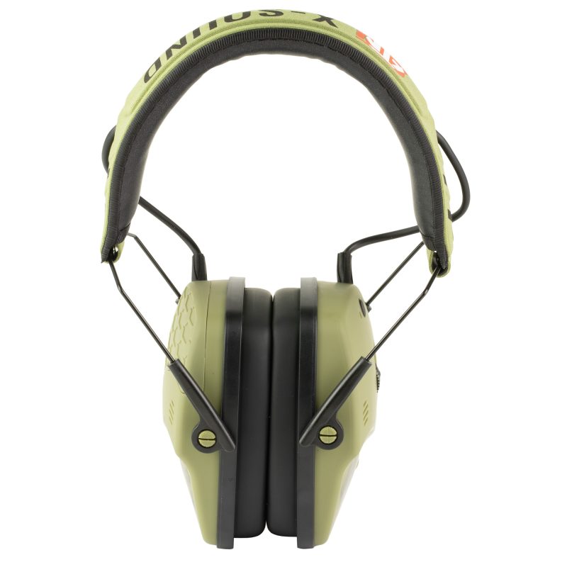 ATN Corp X-Sound Electronic Ear Muffs in green with Bluetooth, folded for storage, showing low-profile design.