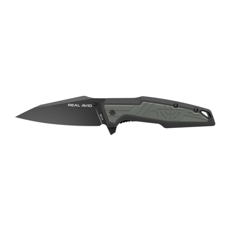 Real Avid Born Ready Green Manual folding knife with a black oxide finish blade and green nylon handle, shown open on a rustic surface.