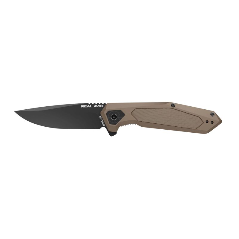 Real Avid Born Ready Tan Assisted folding knife with a black blade and tan aluminum handle, shown open on a rustic wooden surface.