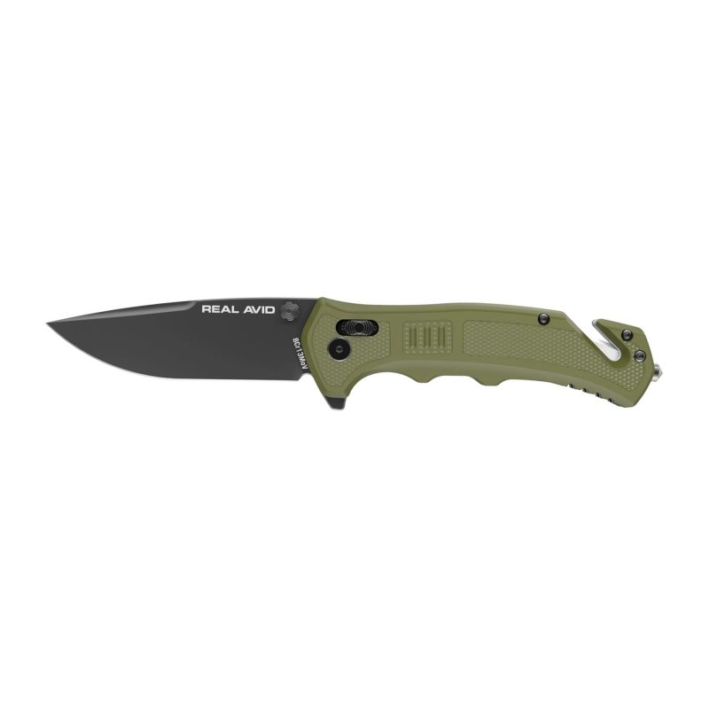 Real Avid Born Ready Green Assisted folding knife with a black blade and green glass-filled nylon handle, shown open on a rugged surface.