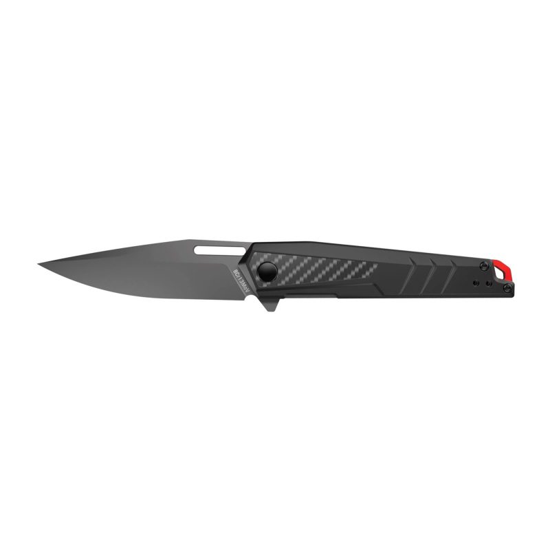 Real Avid Born Ready Black Assisted folding knife with a black aluminum and carbon fiber handle, a 3.4-inch titanium-finished drop point blade, and a liner lock mechanism, shown partially open.