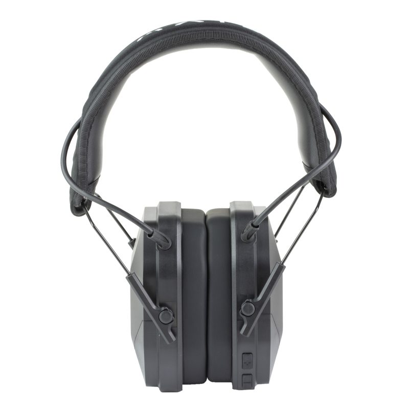 Black AXIL MX Electronic Earmuffs with a 3.5mm AUX connection, shown from the side, suitable for ranch work and outdoor use in the White Mountains.