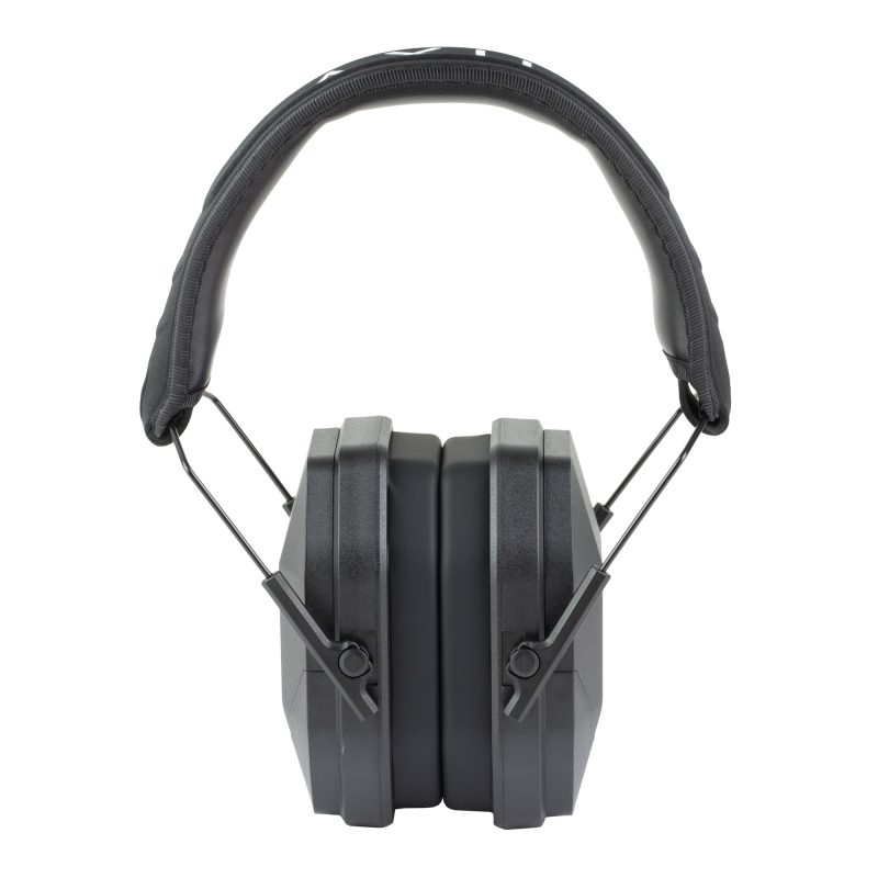 Black AXIL MX Passive Earmuffs with standard foam cups, shown ready for use in a rugged outdoor setting.