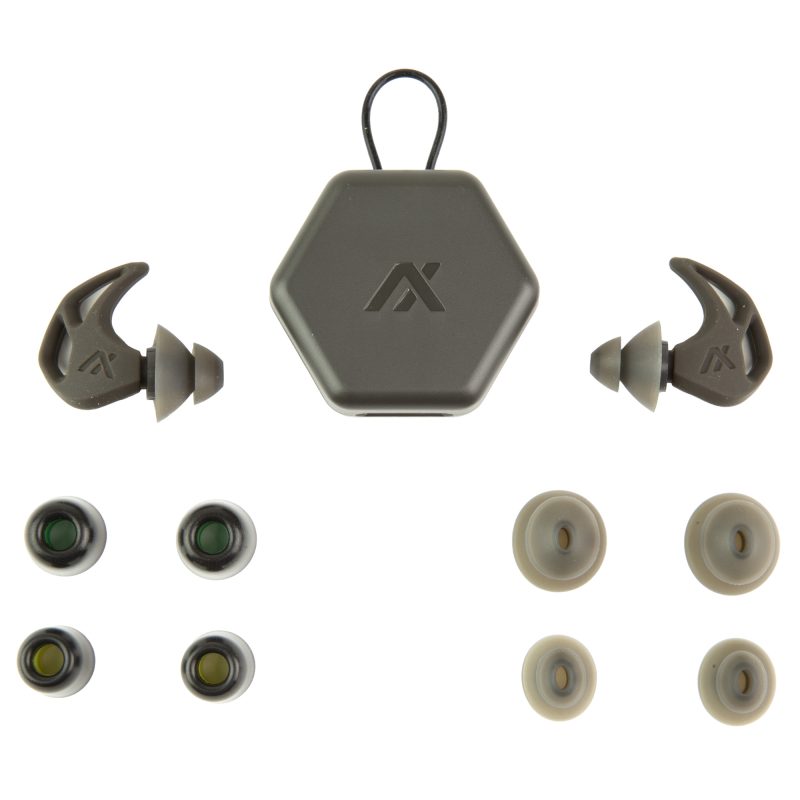 AXIL X20 charcoal earplugs with various silicon and foam tips and a black pocket carry case displayed on a rugged surface.