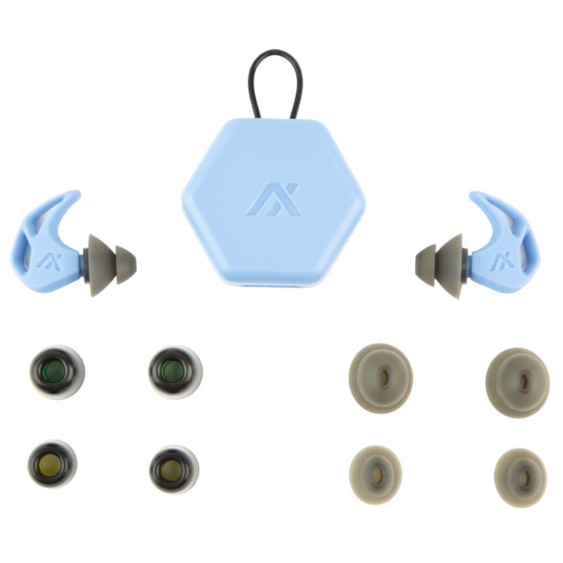 AXIL X20 Earplugs in slate blue with various silicon and foam tips, and a black pocket carry case, displayed on a rugged surface.