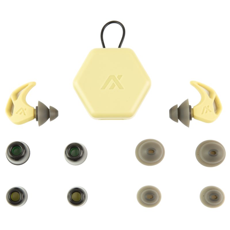 Pair of AXIL X20 earplugs in desert tan color with various silicone and foam tips, displayed next to a small black pocket carry case.