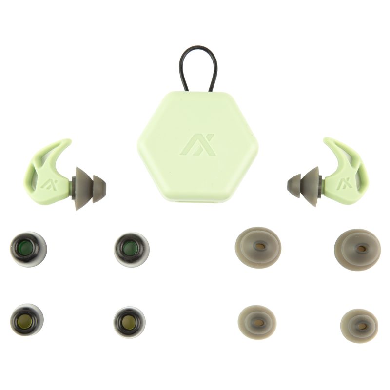AXIL X20 Earplugs in slate green, shown with various silicon and foam tips and a pocket carry case.