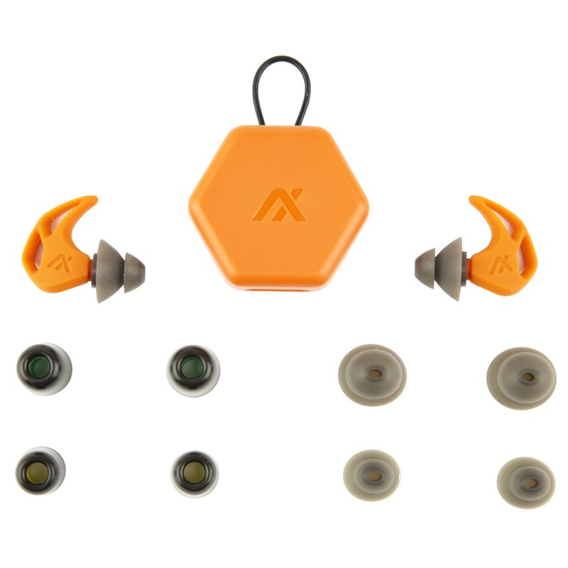 Pair of AXIL X20 Blaze Orange earplugs with various silicon and foam tips, and a small black carry case, displayed on a rugged surface.