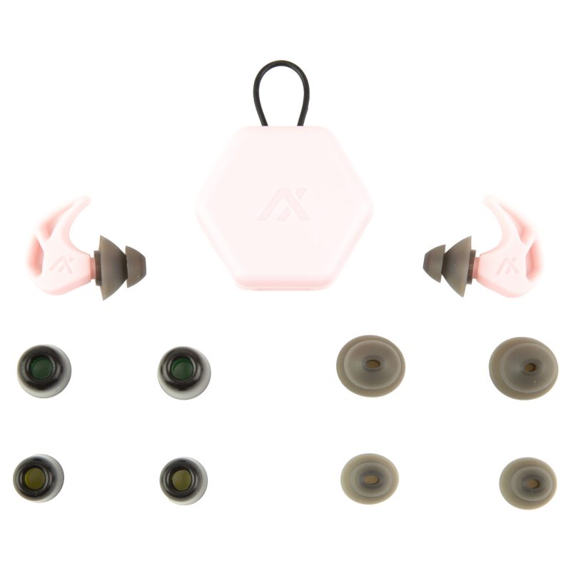 AXIL X20 Earplug Soft Pink with multiple silicon and foam tips and a pocket carry case, displayed on a rugged surface.