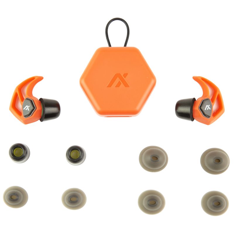 Blaze orange AXIL X30I earplugs with various silicon and foam tips, displayed next to a black pocket carry case on a neutral background.