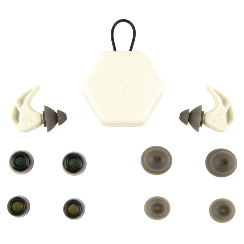 AXIL X30i Bone White earplugs with included silicon and foam tips, shown with a pocket carry case.