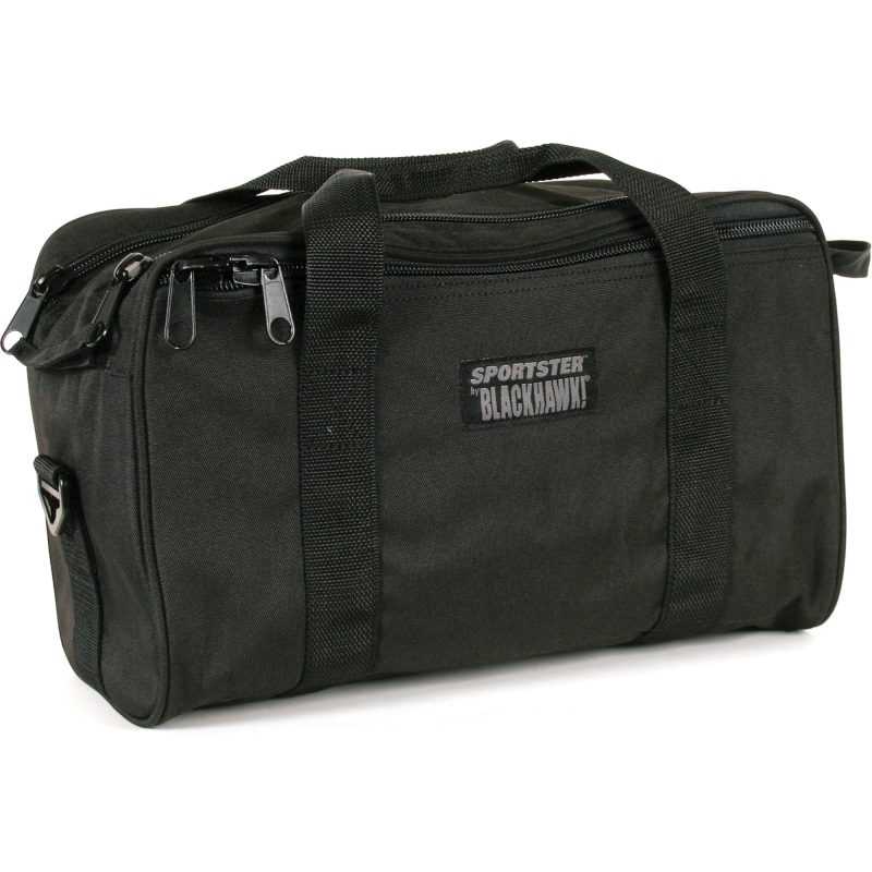 BLACKHAWK Sportster Pistol Range Bag in black, 16x9x8 inches, showing durable 600 denier polyester construction with thick PVC laminate, ideal for ranch gear in the White Mountains.