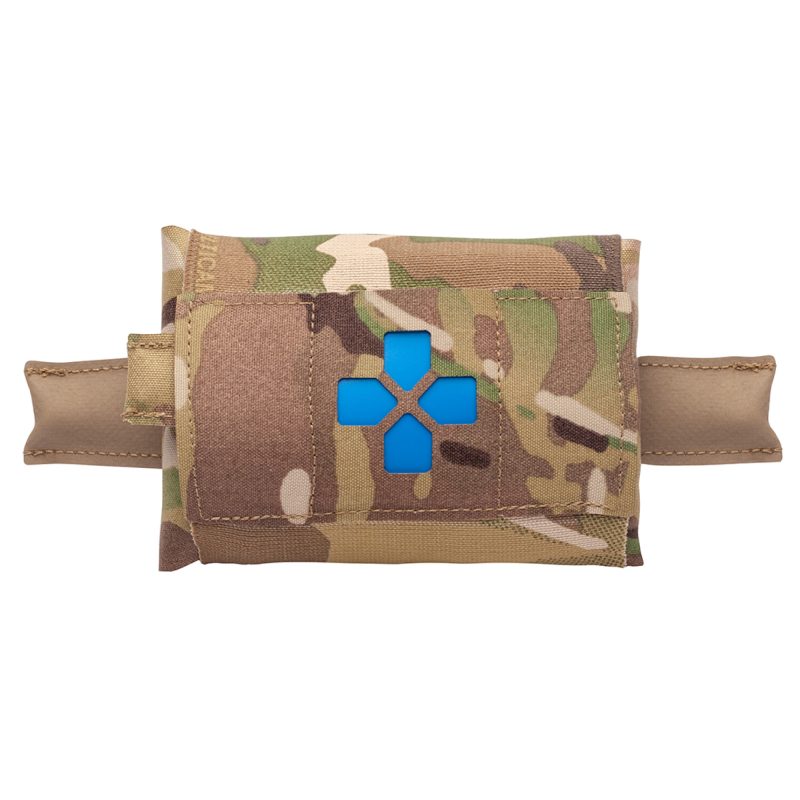 Blue Force Gear Micro Trauma Kit NOW! medical pouch with belt attachment in MultiCam camouflage, shown empty, ready for first aid supplies for ranch and outdoor use in the White Mountains.